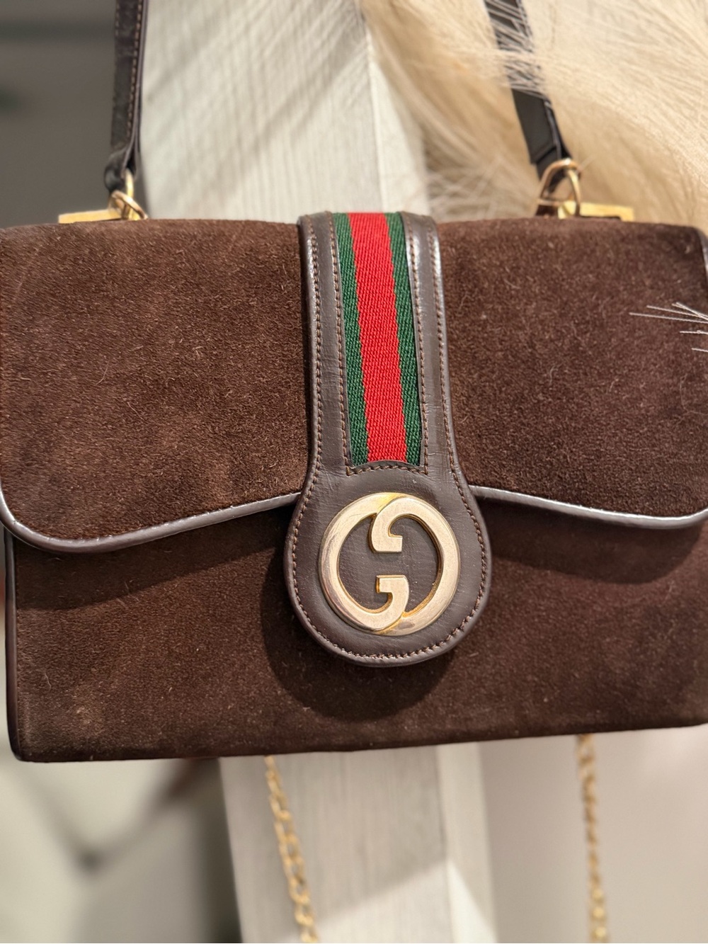 Vintage GUCCI Sherry LineBrown Suede Crossbody Shoulder Bag with Red-Green Strip - Picture 4 of 4